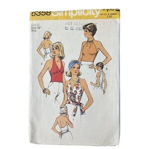 70s Simplicity 6358 Misses Halter Tops Sewing Pattern Size 12 Bust 34" 1974 CUT